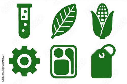 Green Innovation Icons. Green Innovation silhouette icon set: test tube, fiber sheet, corn icon, gear, packaging mold, label tag.