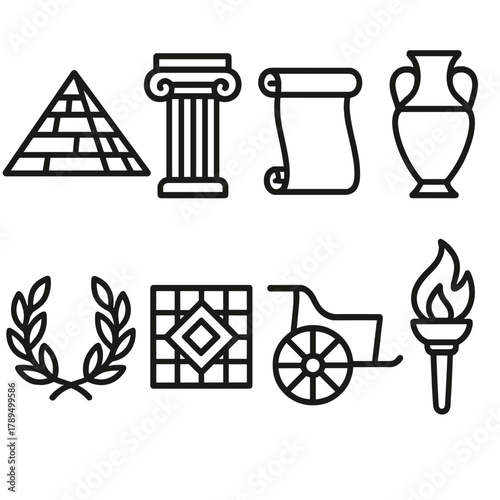 Ancient Symbols Icons. Ancient Civilizations linear icon set: pyramid, temple column, scroll, amphora, chariot, laurel wreath, mosaic tile, torch.