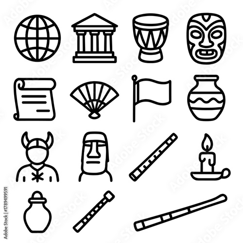 World Traditions Icons. World Traditions linear icon set: globe, temple, drum, mask, scroll, fan, flag, pottery, costume, monument, flute, candle.