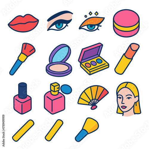 Isometric Makeup Icons. Runway makeup modern flat icons set: bold lip, winged eyeliner, glitter eyeshadow, powder puff, foundation brush, compact mirror, palette, highlighter, nail