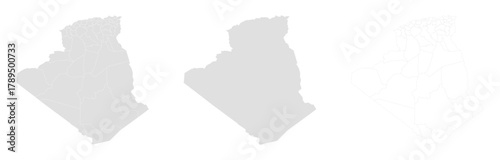 Algeria map collection three styles outline map, plain map, and detailed map with regions and borders. Ideal for infographics, geography project, education, and travel design use. Algeria map, vector.