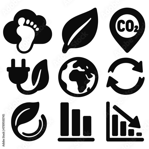 Eco Icon Set. Carbon Footprint silhouette icon set: carbon emission icon, green leaf, CO2 tracker, sustainability chart, earth symbol, eco plug, renewable arrows, reduction graph.