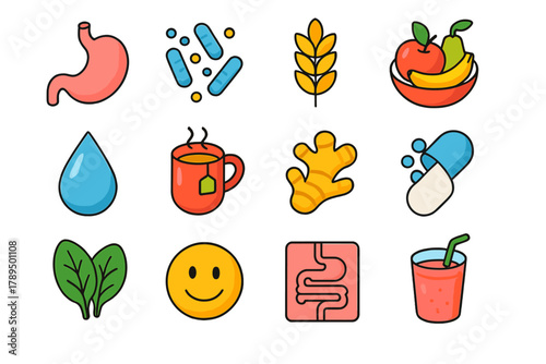 Digestive Wellness Icons. Digestive wellness modern flat icons set: stomach, gut bacteria, fiber icon, fruit bowl, water droplet, herbal tea, ginger, probiotics capsule, leafy