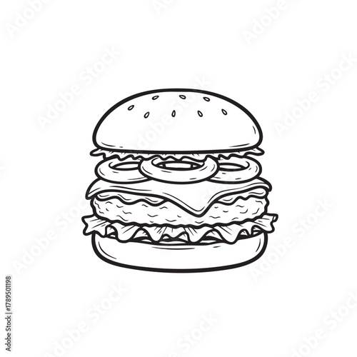 Hamburger Doodle Icon Hand-Drawn Sketch, Black and White Vector Illustration for Fast Food Menu or Restaurant Logo.