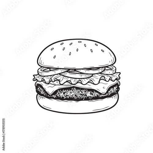 Hamburger Doodle Icon Hand-Drawn Sketch, Black and White Vector Illustration for Fast Food Menu or Restaurant Logo.