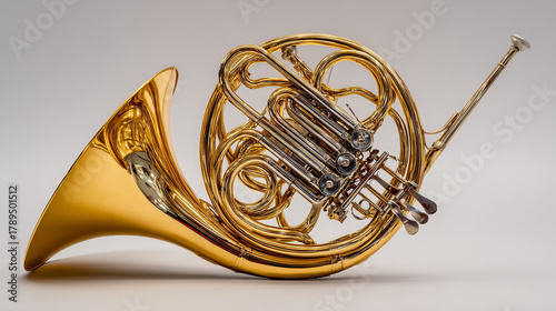 A shiny golden French horn displayed against a white background. The brass instrument’s elegant coils, valves, and flared bell reflect light beautifully.