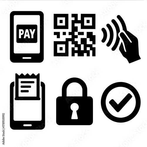 Brutalist Payment Icons. Digital Payments silhouette icon set: smartphone with pay icon, QR code, contactless tap, online receipt, secure lock, transaction checkmark.