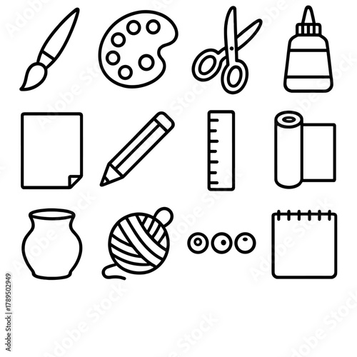 Craft Tools Icons. Art and craft tools linear icon set: paintbrush, color palette, scissors, glue bottle, paper sheet, pencil, ruler, fabric roll, clay pot, yarn ball, beads,