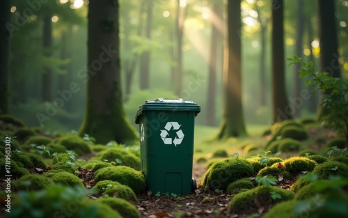 A dense forest with a recycling bin prominently placed in the foreground, symbolizing the importance of recycling for ecosystem protection. High quality