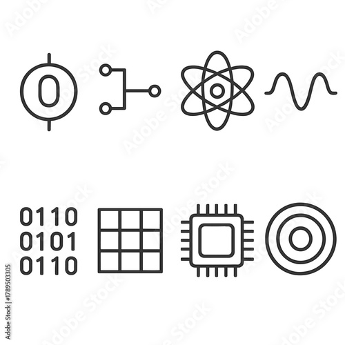 Quantum Icons Collection. Quantum Computing linear icon set: qubit symbol, circuit board, atom model, wave function, binary stream, data grid, processor chip, energy rings.