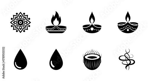 Diwali Icon Set Lit Lamps, Water Droplets, and Sacred Coconut Graphics