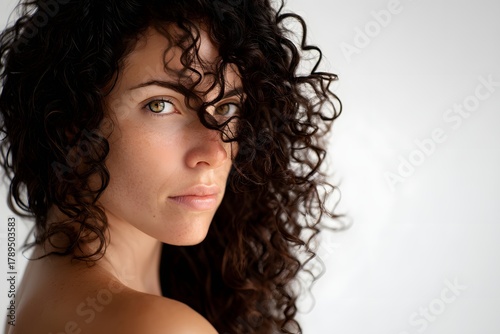 Close up portrait of a woman with naturally curly brunette hair