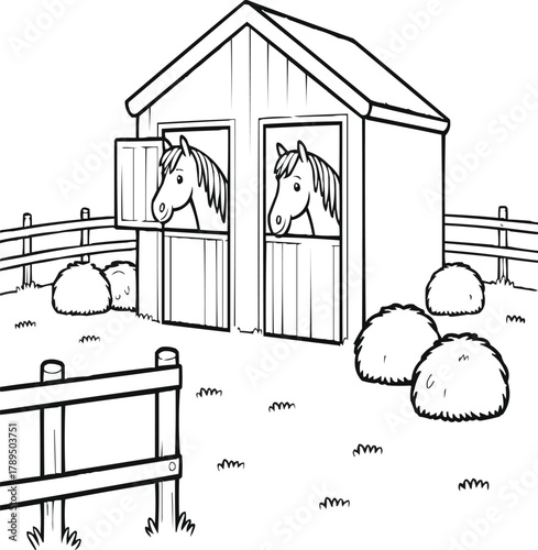 Friendly Horse Stable  Children’s Coloring Book Outline Illustration