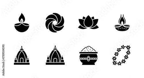 Diwali Symbol Set Icons of Light, Spirituality, and Cultural Traditions