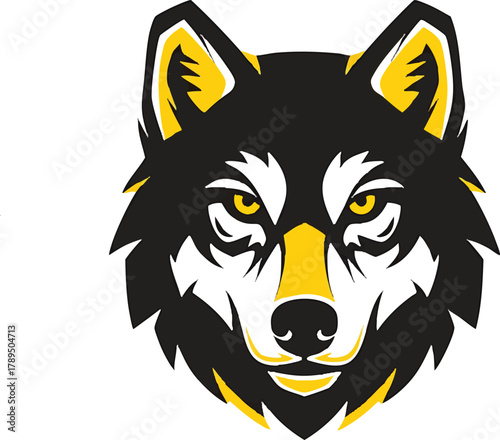 Striking wolf head graphic with intense yellow eyes and accents, in a black, white, and yellow palette. A powerful mascot for sports teams or bold brands.