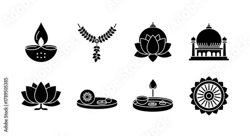 Cultural Symbols Set Intricate Icons Depicting India's Rich Heritage