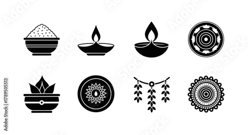 Rangoli and Diwali Decorations in Black and White Outline Icon Set
