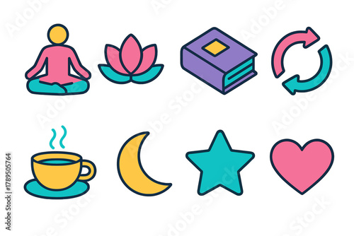 Mindful Icon Set. Mindful Progress modern flat icons set: meditation pose, lotus flower, book, breathing circle, tea cup, moon, star, heart.