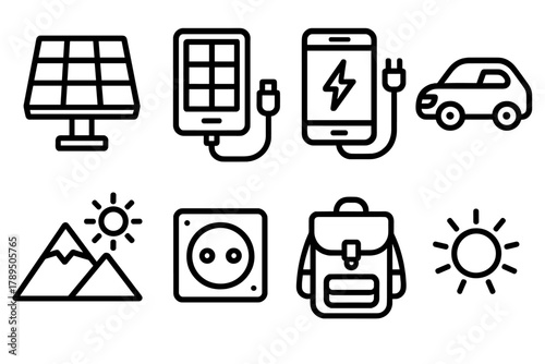Solar Power Icons. Solar Power on the Go linear icon set: solar panel, charger, phone, car, mountain, sun rays, outlet, bag.
