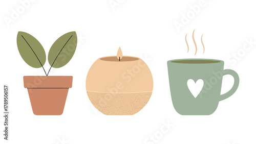 Serene Still Life: A minimalist composition of a potted plant, a lit candle, and a steaming mug of tea, creating a sense of tranquility and comfort.