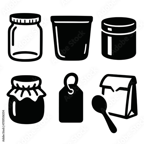 Bold Eco Icons. Eco Containers silhouette icon set: glass jar, bamboo lid, silicone bag, metal tin, paper wrap, cloth cover, label tag, spoon.