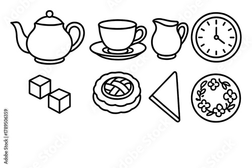 Elegant Tea Icons. Afternoon Tea Set linear icon set: teapot, cup and saucer, milk jug, sugar cubes, pastry, napkin, clock, floral plate.
