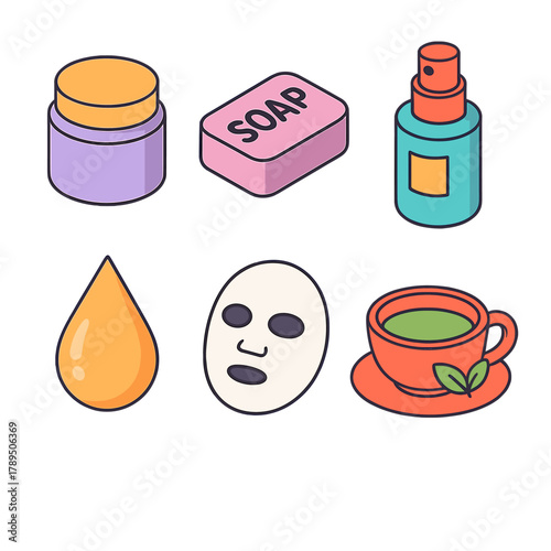 Vibrant Beauty Essentials. Health & Beauty modern flat icons set: lotion jar, soap bar, spray bottle, serum drop, face mask, herbal tea cup.