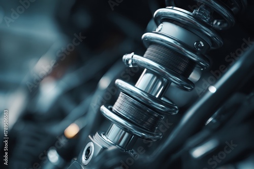 Close-up of a motorcycle shock absorber with blurred background.