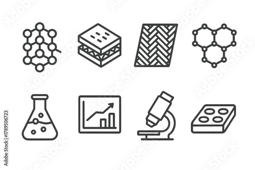 Nanotech Icons Array. Advanced Materials linear icon set: nanostructure, composite panel, carbon fiber, graphene sheet, chemical beaker, data chart, microscope lens, sample tray.