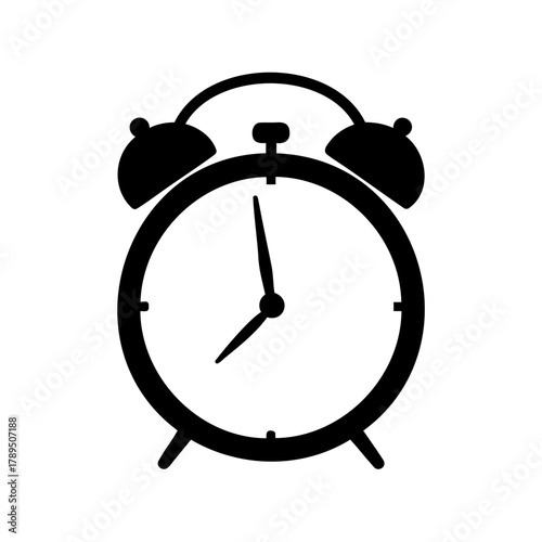 A simple black and white illustration of an analog alarm clock icon