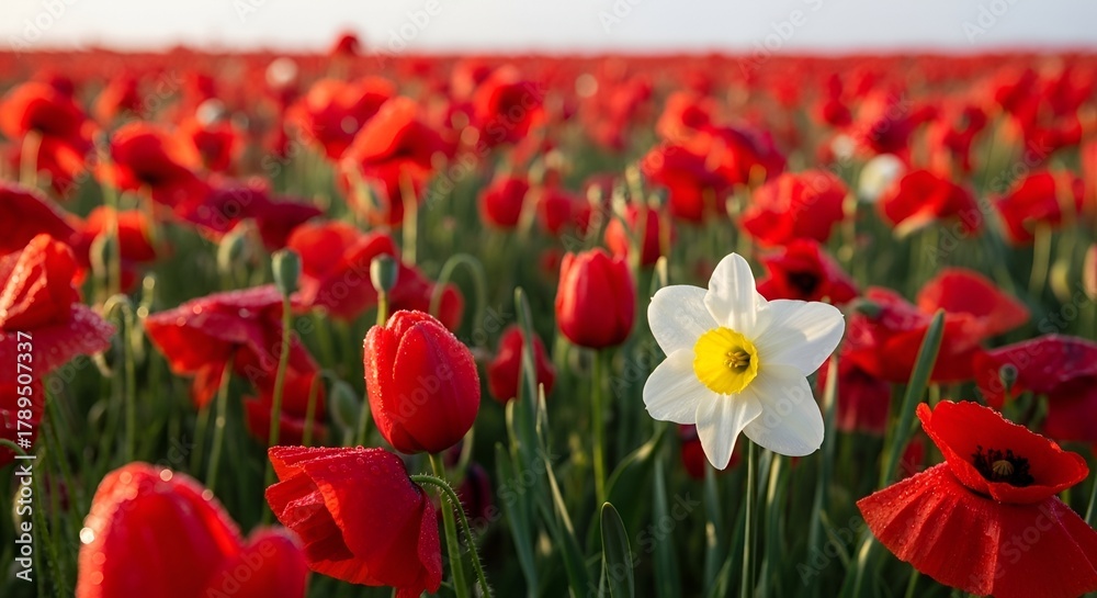 Obraz premium Stunning poppy field with vibrant red blossoms and single white flower