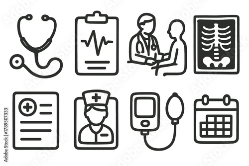 Medical Doodle Icons. Clinical Help outline icons: stethoscope icon, diagnostic chart, doctor-patient interaction, x-ray image, health report, nurse badge, medical device,
