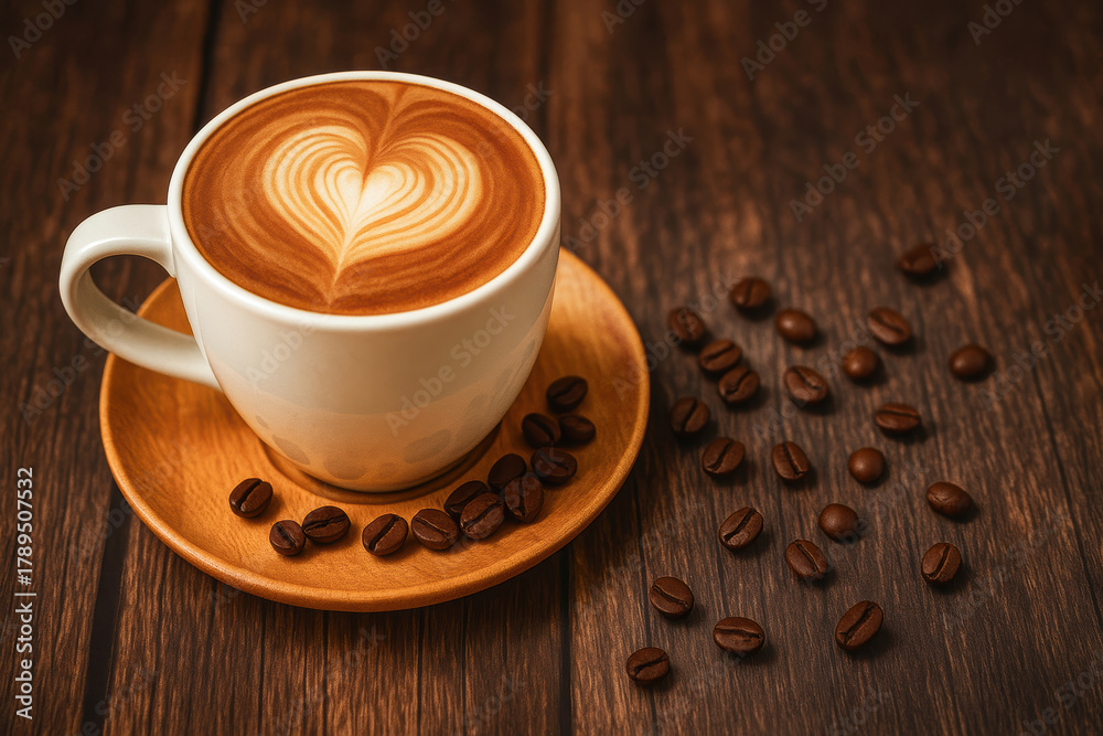 Obraz premium Tazza di cappuccino con disegno a cuore nella schiuma e chicchi di caffè su tavolo di legno. Generative AI