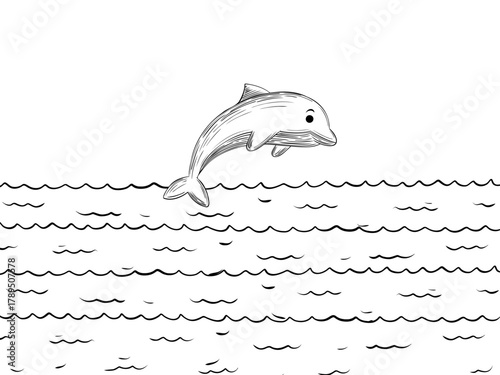 Dolphin Jumping Above Sea Waves Outline