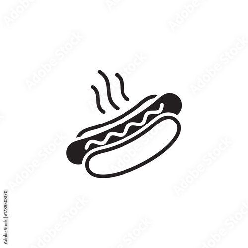 Hot Dog Icon Simple Black Glyph, Steaming Sausage in a Bun with Mustard, Vector Illustration for Fast Food Logo.