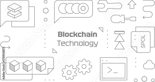 Modern blockchain technology stack icons. Web3 tools, crypto coins, development workflow, gears, contract, cloud mainnet, nodes and finance symbol. Minimal line art. Fintech tech crypto DEX exchange