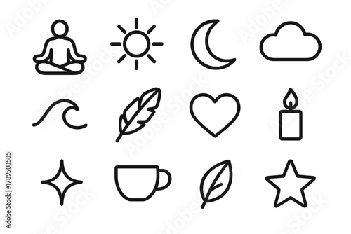 Symbols of Serenity. Present Moment linear icon set: lotus pose, sun, moon, cloud, wave, feather, heart, candle, sparkle, cup, leaf, star.