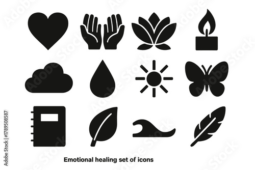 Healing Symbol Icons. Emotional healing silhouette icon set: heart symbol, open hands, lotus flower, candle flame, soft cloud, water droplet, sunbeam, butterfly, journal, leaf,