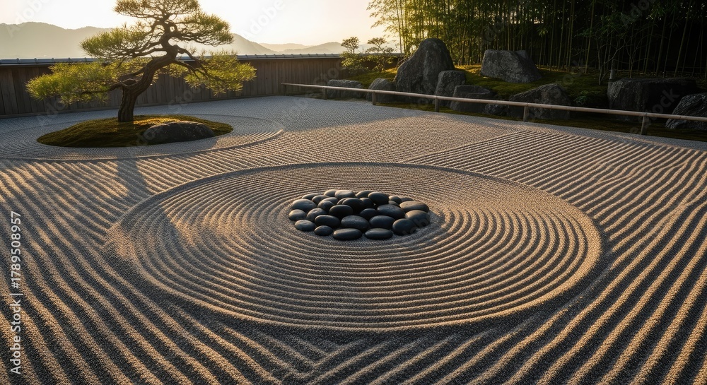 Fototapeta premium Zen garden featuring raked gravel with stones and a solitary tree
