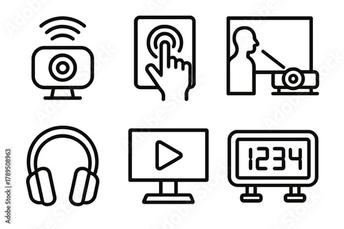 Digital Interactive Icons. Interactive Art linear icon set: sensor, touchscreen, projection, headphones, video screen, digital display.