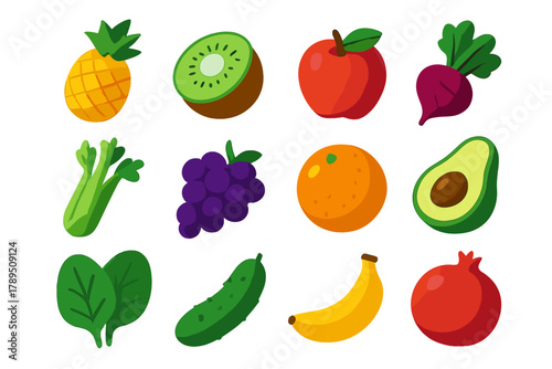 Isometric Produce Icons. Organic Fruits & Veggies modern flat icons set: pineapple, kiwi, apple, beetroot, celery, grape bunch, orange, avocado, banana, spinach, cucumber,
