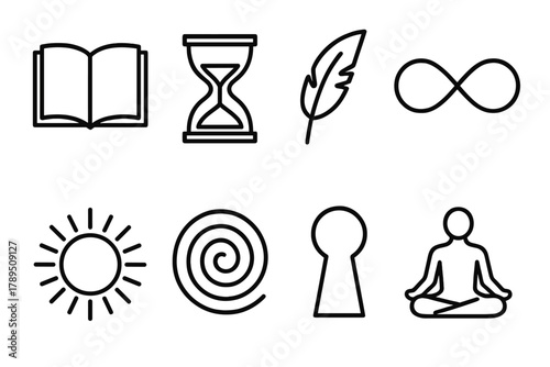 Mind Opening Icons. Mind Expansion linear icon set: book, hourglass, feather, infinity symbol, sunburst, spiral, keyhole, meditating figure.
