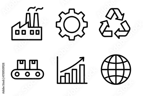Eco-Friendly Industrial Icons. Sustainable Industry linear icon set: factory, gear, recycle symbol, conveyor belt, chart, globe.