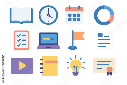Self-Paced Learning Icons. Self-Paced Learning flat icons: open book, clock icon, calendar, progress ring, checklist, laptop, goal flag, document file, video play, notebook,