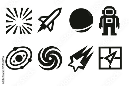Interstellar Icon Set. Interstellar Travel silhouette icon set: warp tunnel, starship, distant planet, astronaut figure, solar system, galaxy spiral, shooting star, navigation grid