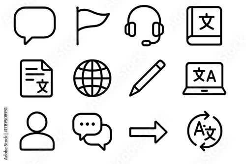 Multilingual Communication Icons. Multilingual Communication linear icon set: speech bubble, flag, headset, book, document, globe, pen, laptop, arrow, language symbol, person, chat