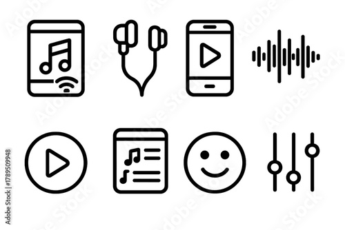 Digital Music Icons. Digital Pop Music linear icon set: streaming app, earphones, smartphone, waveform, play button, music playlist, emoji face, rhythm icon.