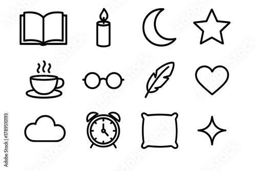 Cozy Night Icons. Story Time linear icon set: open book, candle, moon, star, tea cup, glasses, feather, heart, cloud, clock, pillow, sparkle.