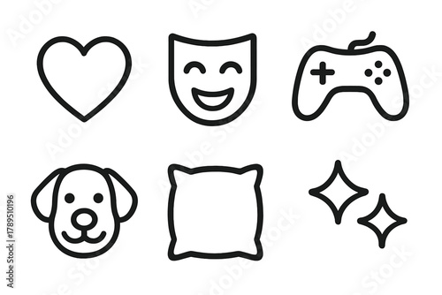 Family Fun Icons. Family Fun linear icon set: heart, laugh mask, game controller, pet, pillow, sparkle.