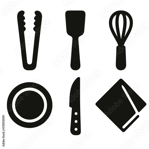 Brutalist Culinary Icons. Culinary Tools silhouette icon set: tongs, spatula, whisk, plate, knife, napkin.